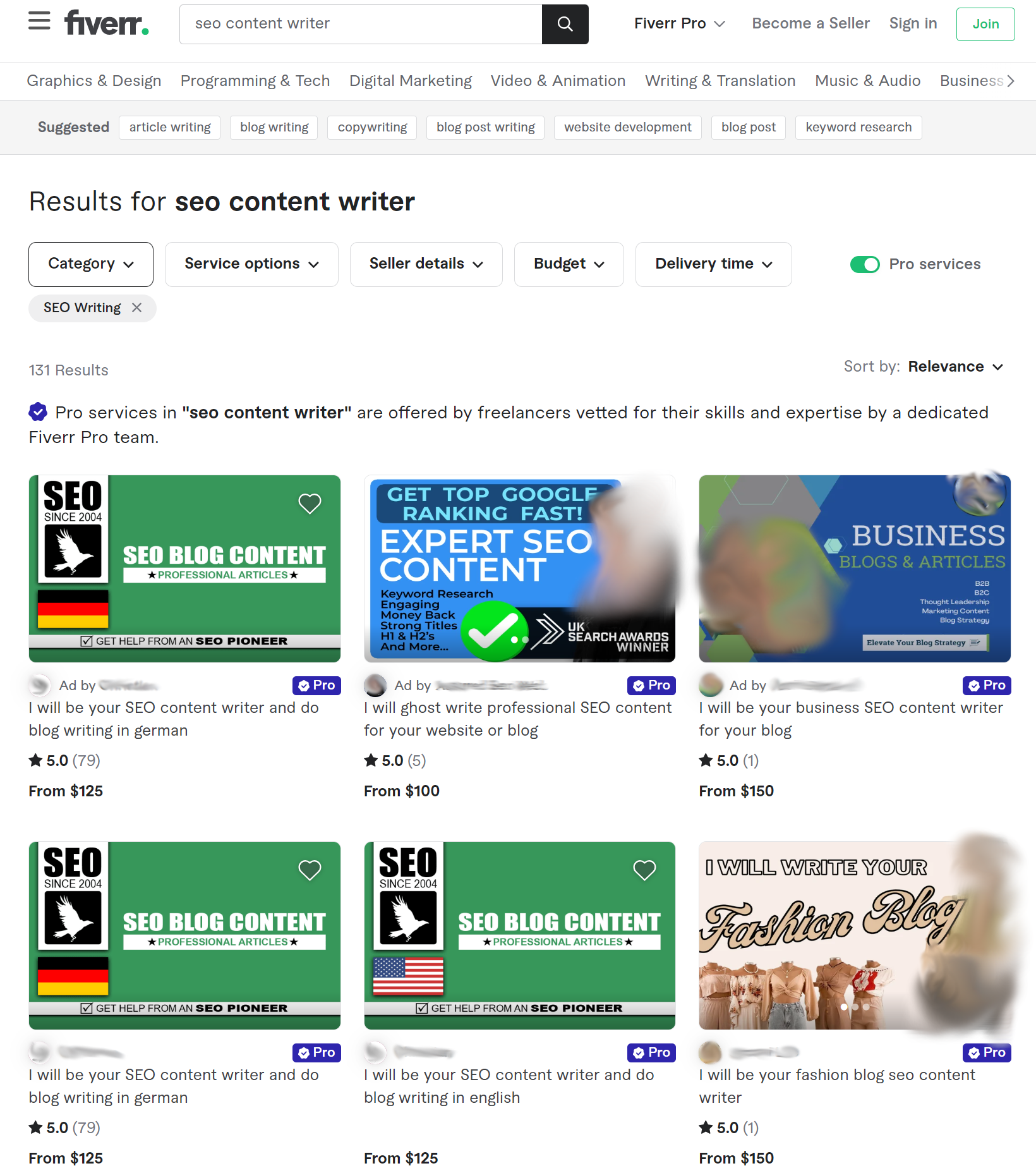 Fiverr Pro - search for SEO content writers