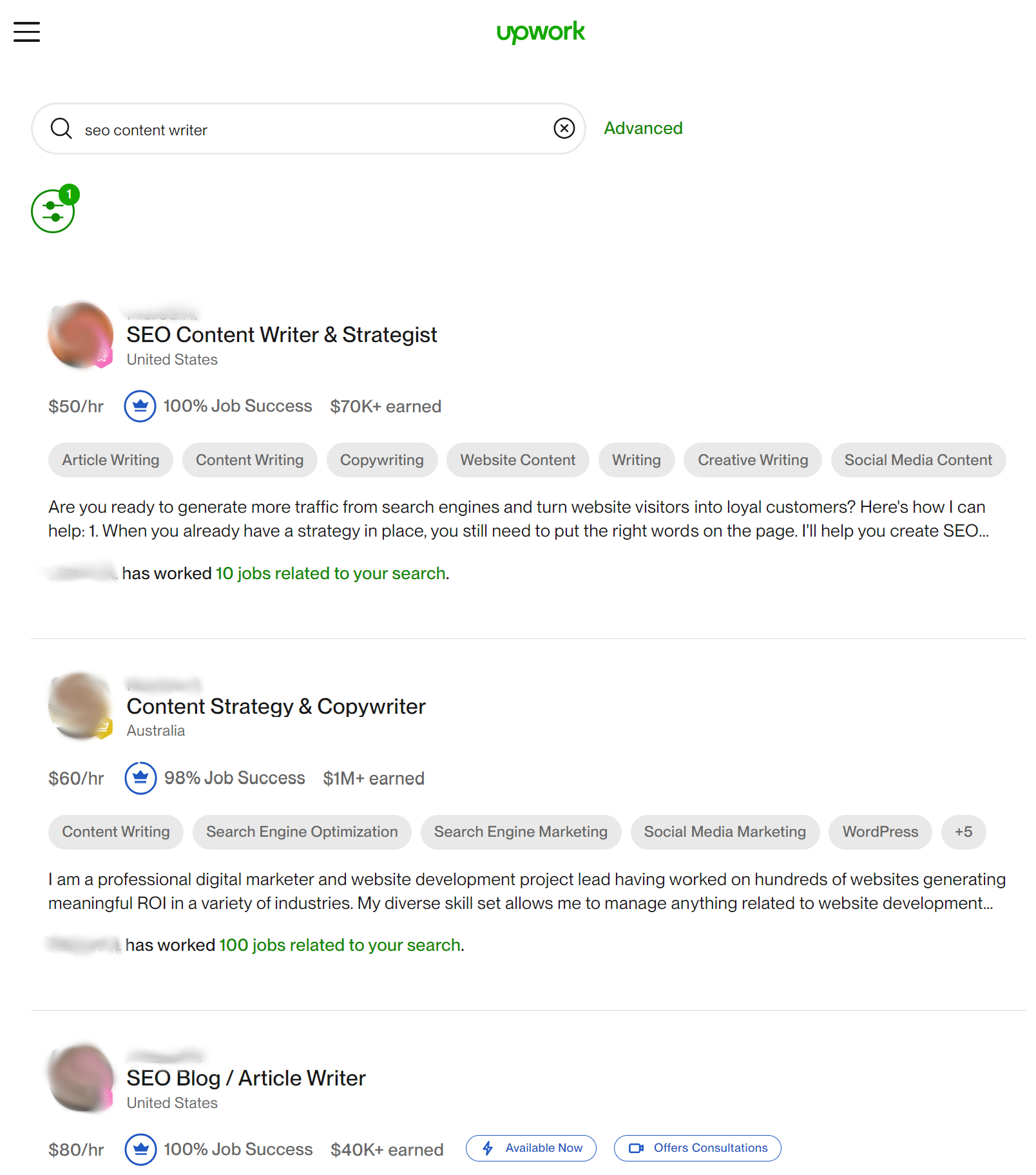 Upwork - search for SEO content writers