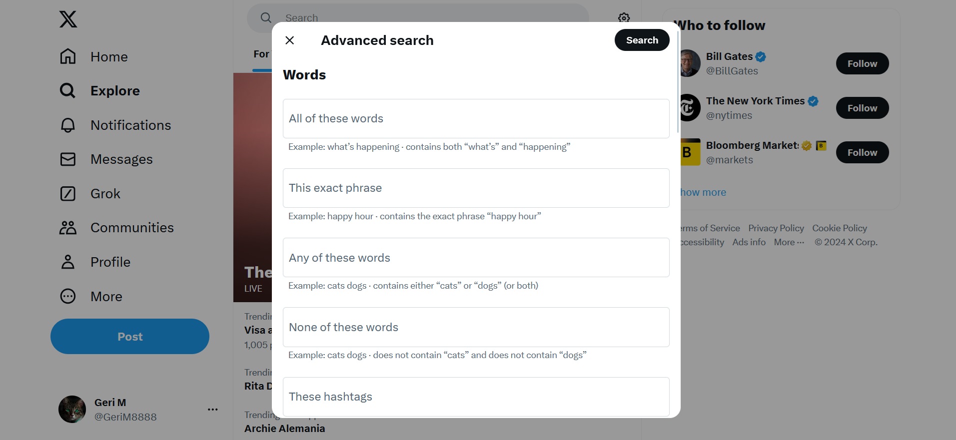 Twitter/X advanced search screen - Free social media listening tools