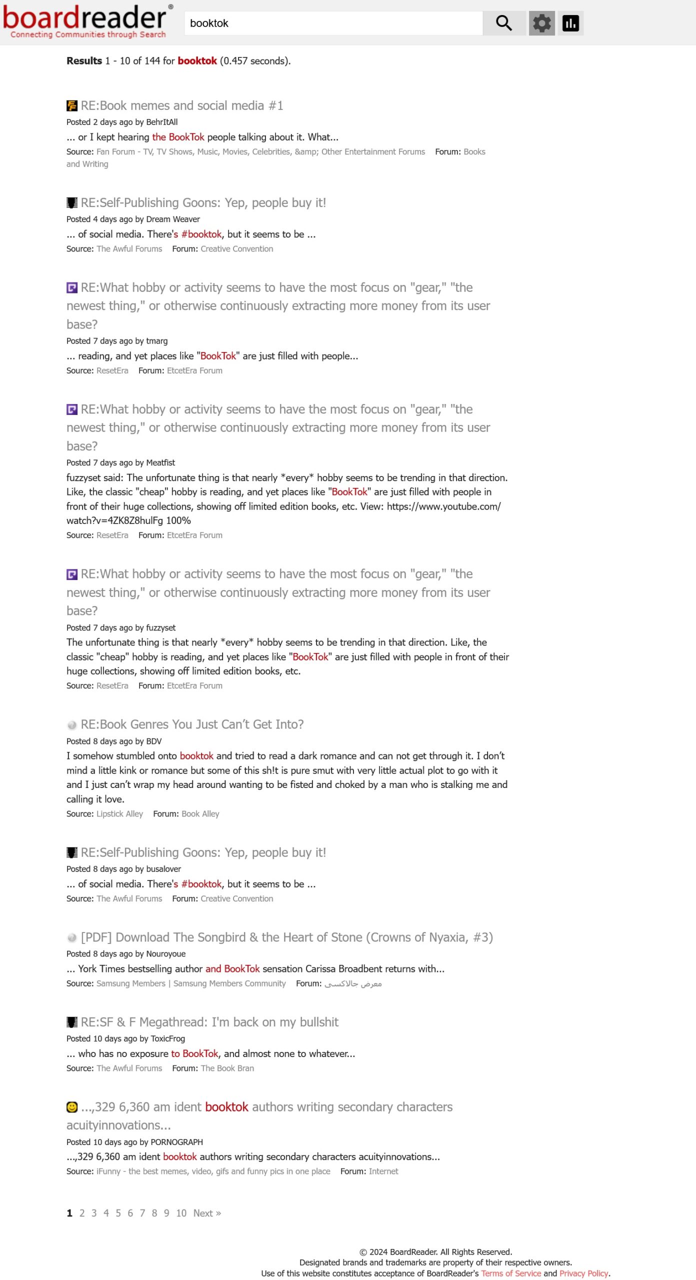 BoardReader search output for BookTok screenshot - Free social media listening tools