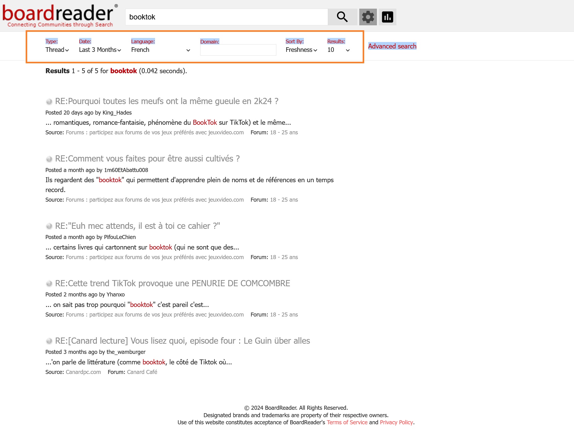 BoardReader search for BookTok: threads, last 3 months, French, sorted by freshness - Free social media listening tools